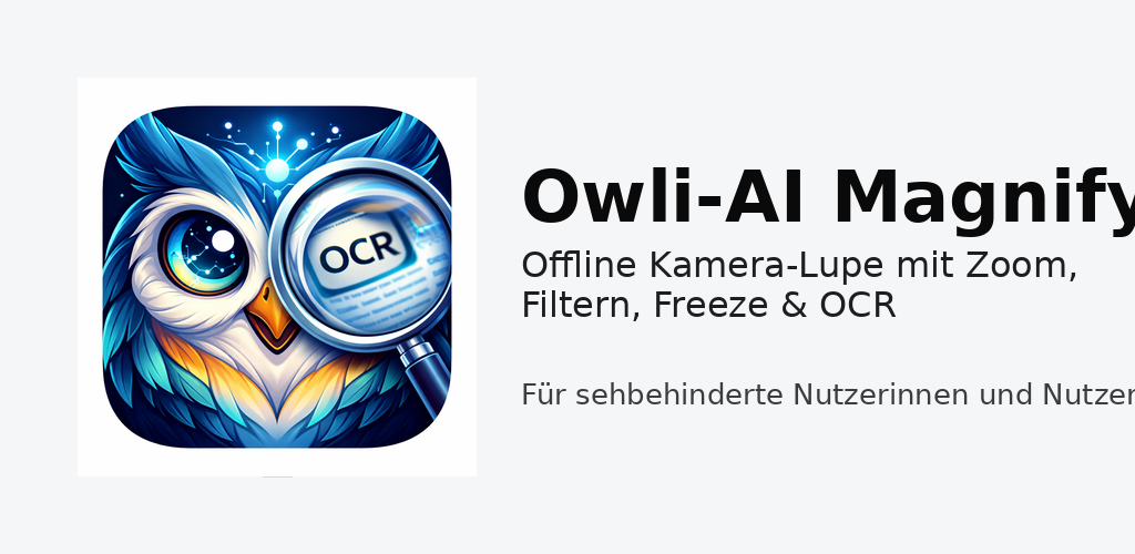 Feature-Grafik von Owli-AI Magnify mit Fokus auf Zoom und Lesbarkeit