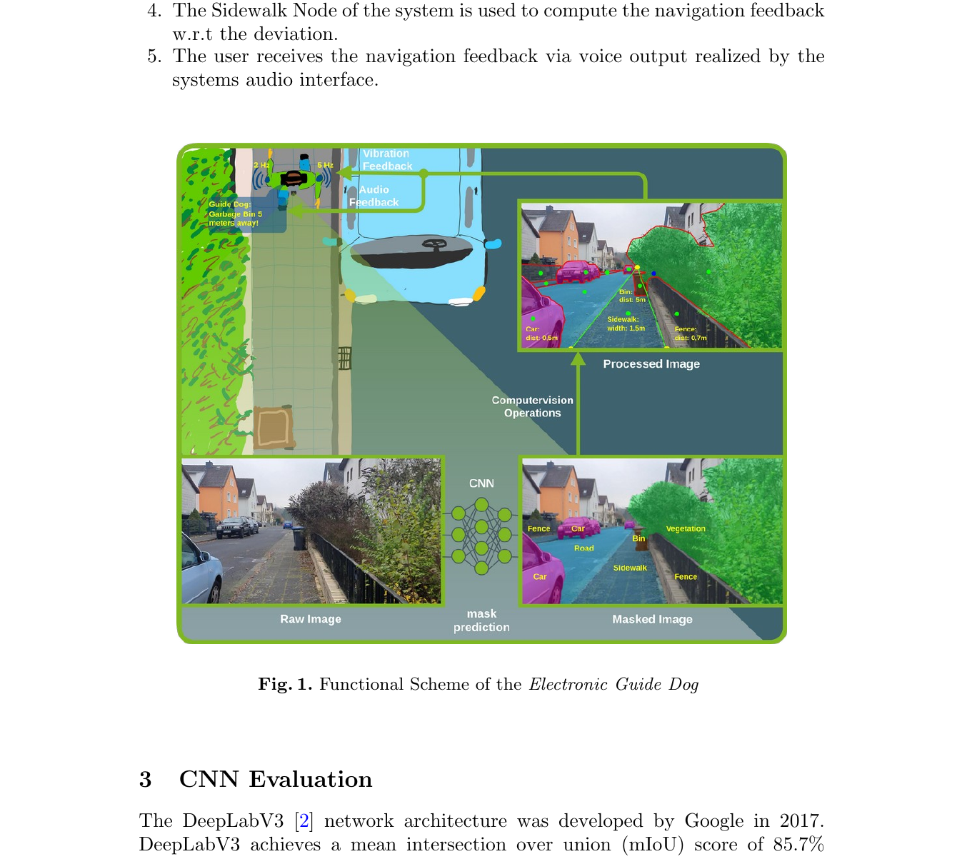 Funktionsschema des Electronic Guide Dog mit Kameraeingang, CNN-Segmentierung und abgeleiteten Navigationsinformationen.