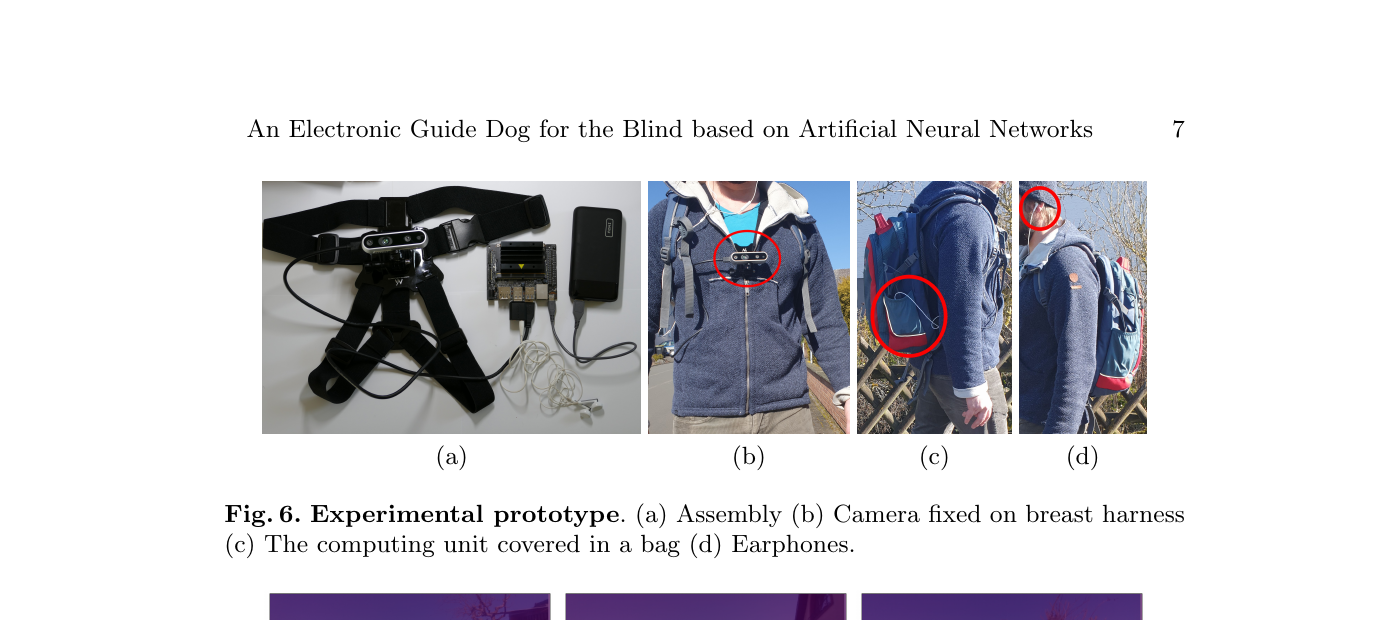 Fotos des experimentellen Prototyps mit Brustgurtkamera, Recheneinheit und Kopfhoerern.